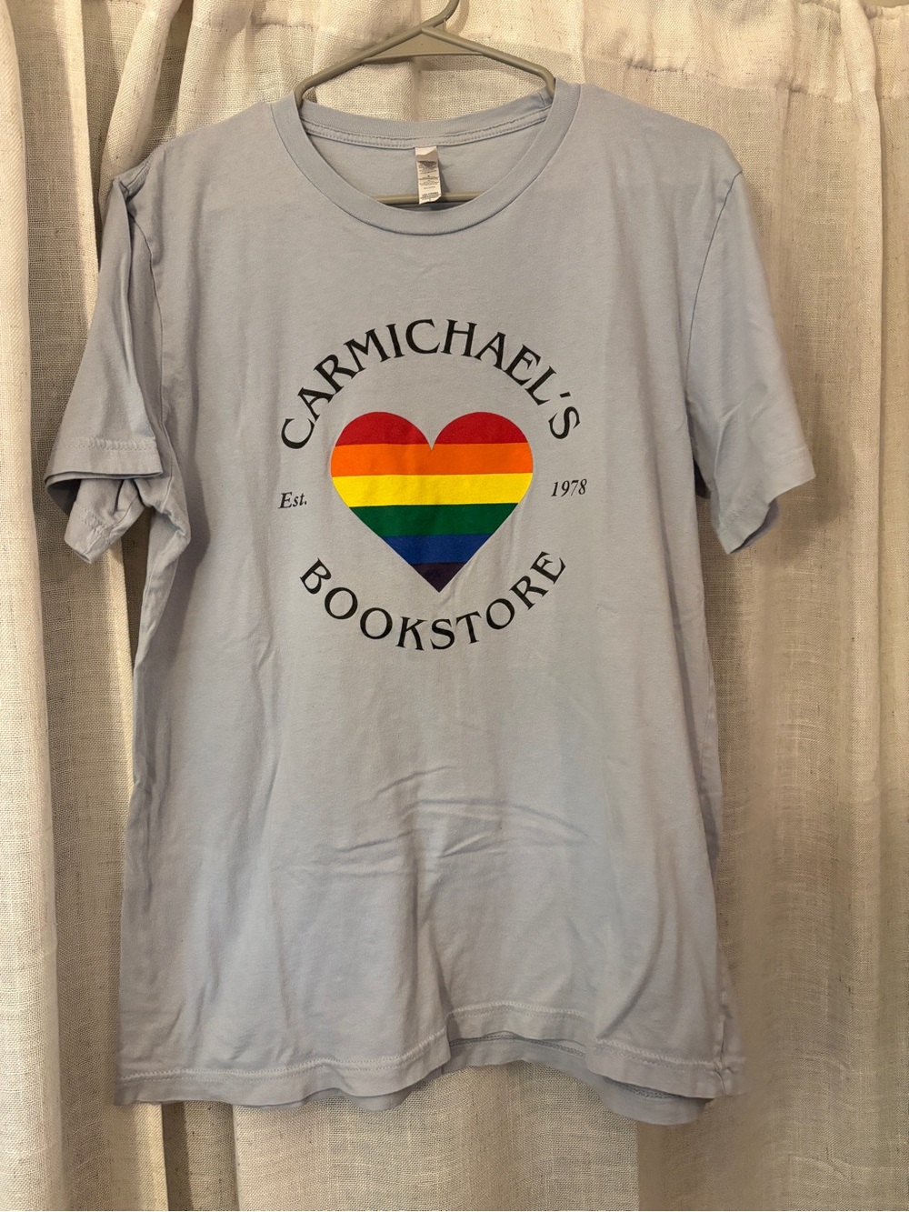 Carmichael’s Bookstore- Louisville, KY- Light Blue Tee with Rainbow Heart